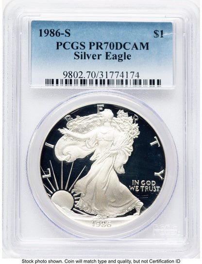 1986-S Proof Silver Eagle 1 oz Blue Gradient PCGS PR70 (763966018)