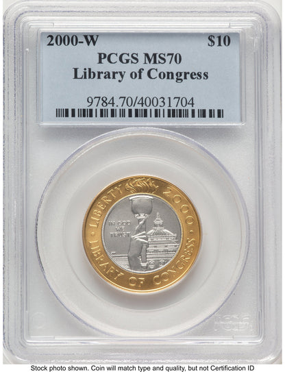 2000-W $10 Library of Congress Bi-Metallic Gold 0.2509 oz and Platinum 0.2509 oz Blue Label Modern Issues PCGS MS70