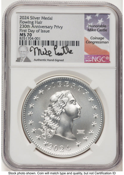 2024-(P) Silver 230th Anniversary Flowing Hair Medal Privy Mark FDI Mike Castle Modern Commemoratives NGC MS70