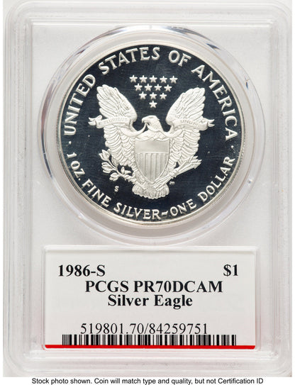 1986-S Proof Silver Eagle 1 oz John Bridge PCGS PR70 Mercanti (777573001)