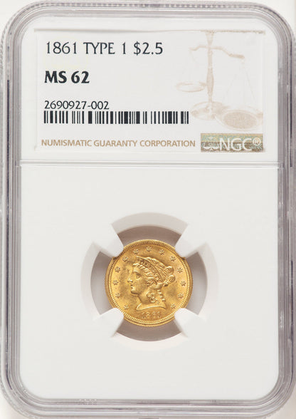 1861 $2.50 Old Rev. Liberty Quarter Eagle NGC MS62 (782816007)