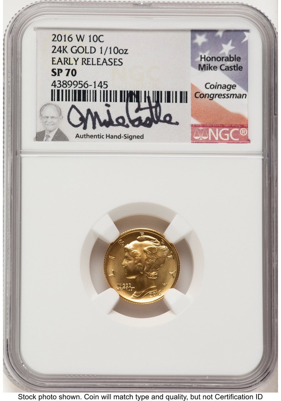 2016-W 10C Mercury Dime 100th Anniversary Gold Centennial ER Mike Castle NGC MS70