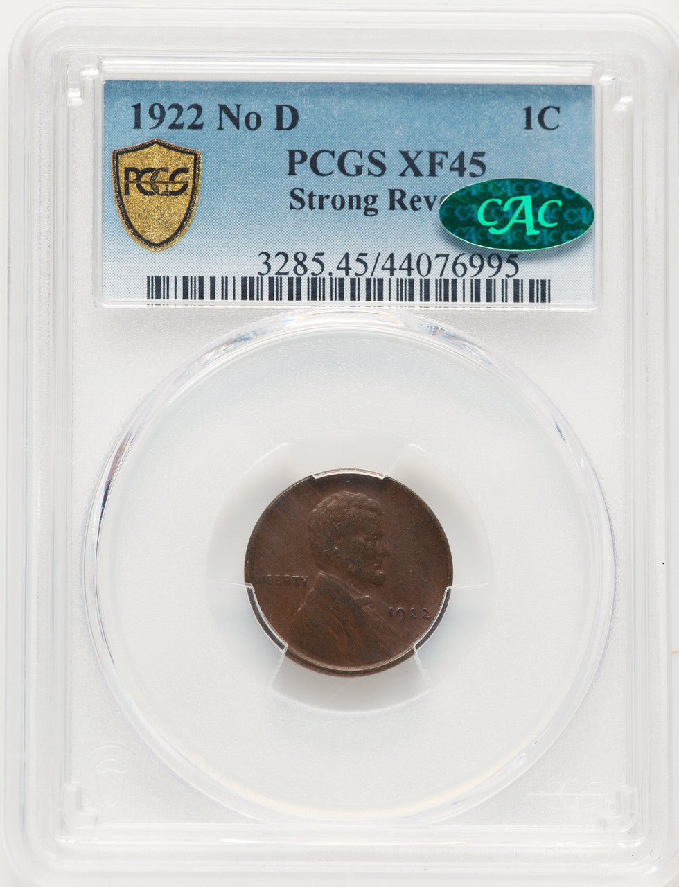 1922 No D Strong Reverse BN CAC Lincoln Cent PCGS XF45