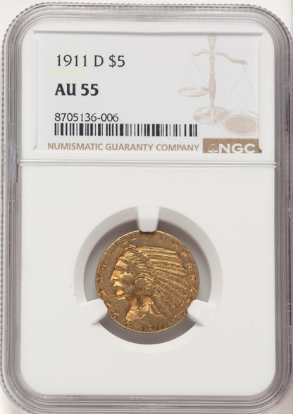 1911-D $5 Indian Half Eagle NGC AU55