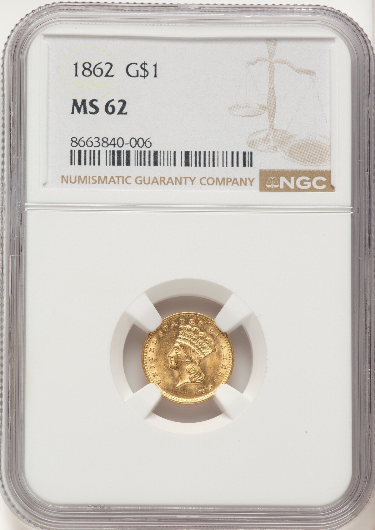 1862 G$1 Gold Dollar NGC MS62