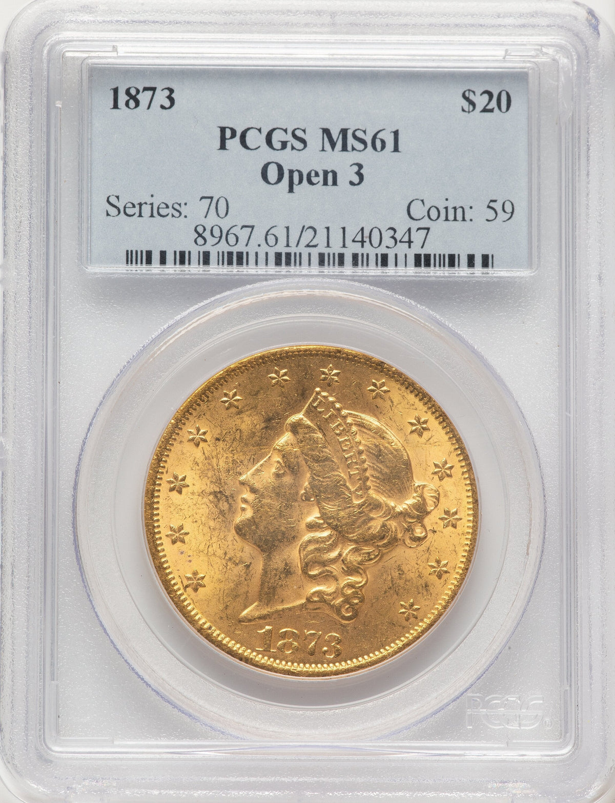 1873 $20 OPEN 3 Liberty Double Eagle PCGS MS61