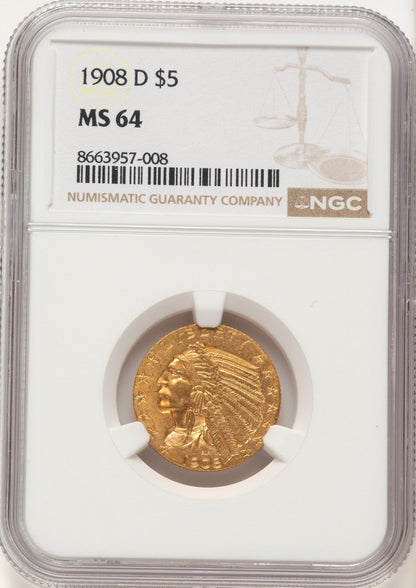 1908-D $5 Indian Half Eagle NGC MS64