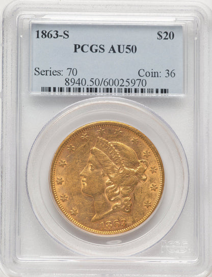 1863-S $20 Liberty Double Eagle PCGS AU50