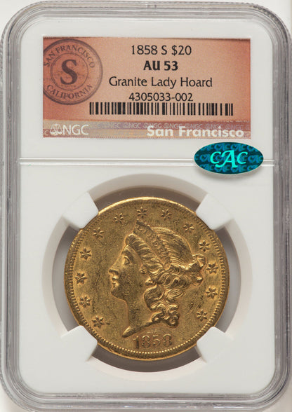 1858-S $20 CAC Liberty Double Eagle NGC AU53