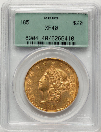 1851 $20 Green Label Liberty Double Eagle PCGS XF40