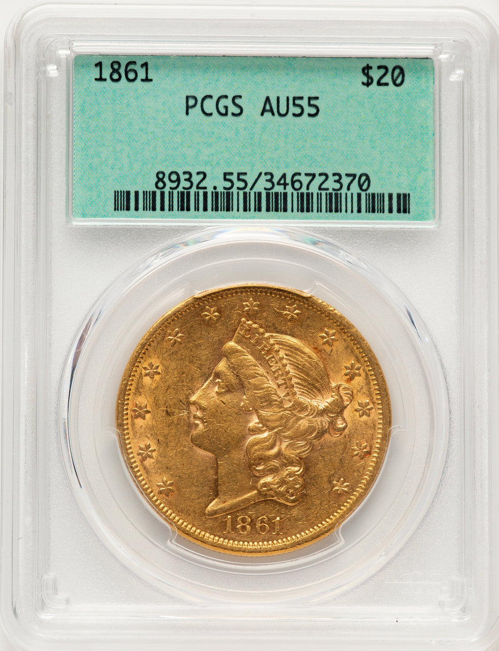 1861 $20 Green Label Liberty Double Eagle PCGS AU55