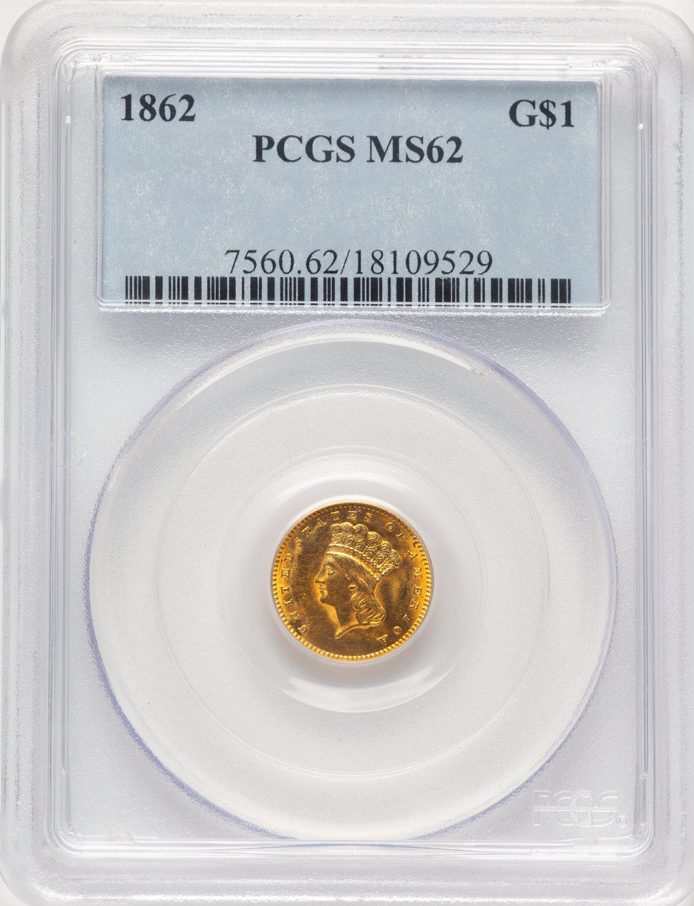 1862 G$1 Gold Dollar PCGS MS62