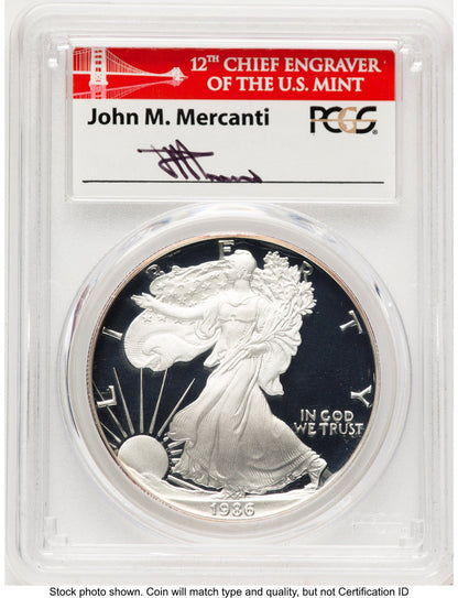 1986-S Proof Silver Eagle 1 oz John Bridge PCGS PR70 Mercanti