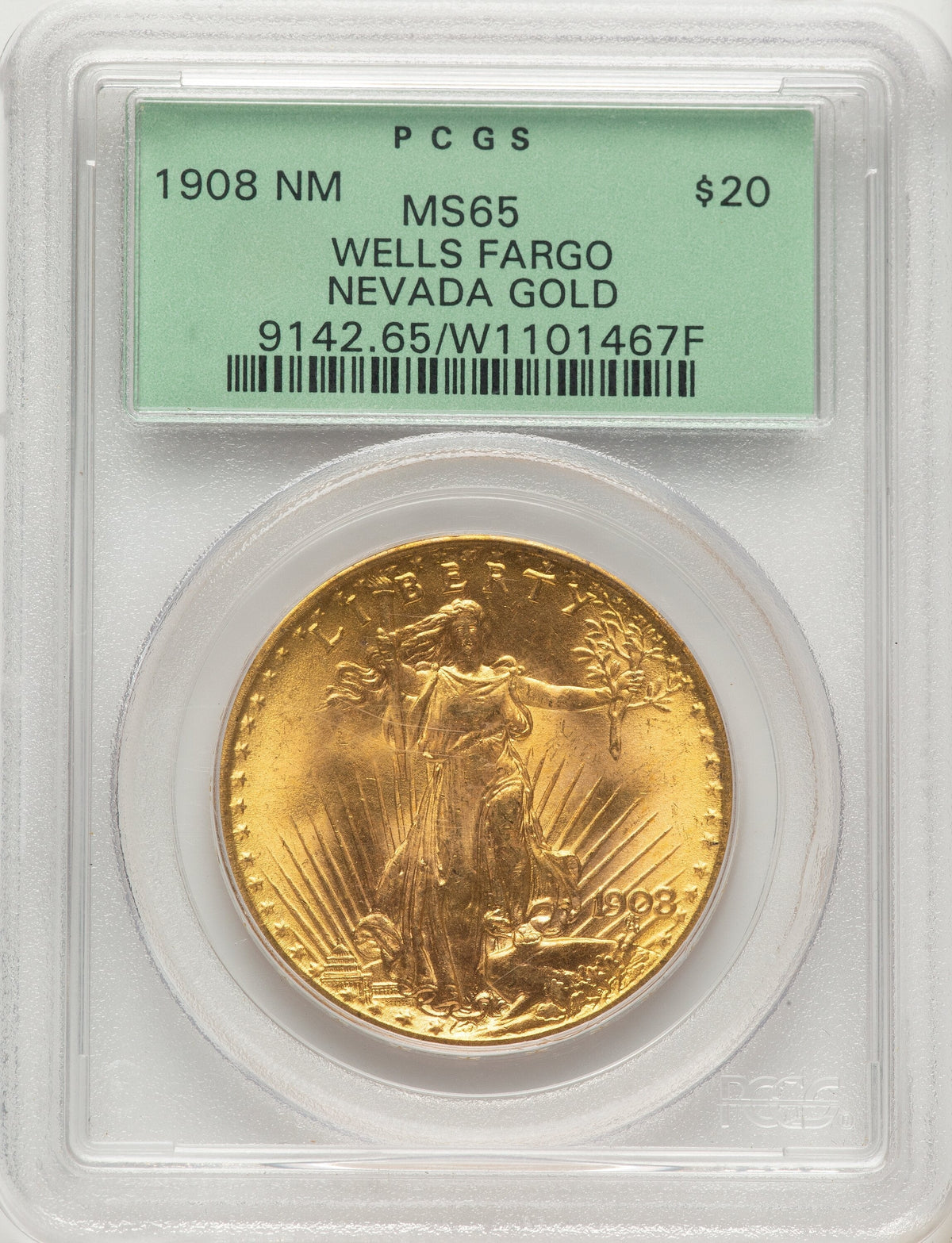 1908 $20 NO MOTTO Saint-Gaudens Double Eagle PCGS MS65