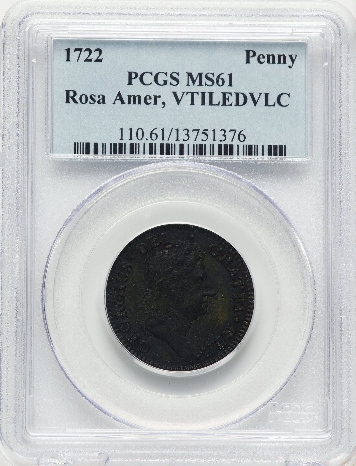 1722 Rosa Americana Penny VTILE BN Colonials PCGS MS61