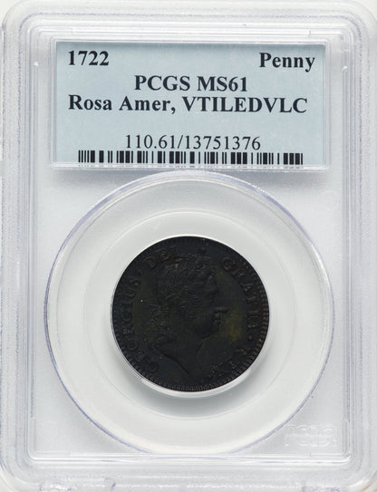 1722 Rosa Americana Penny VTILE BN Colonials PCGS MS61