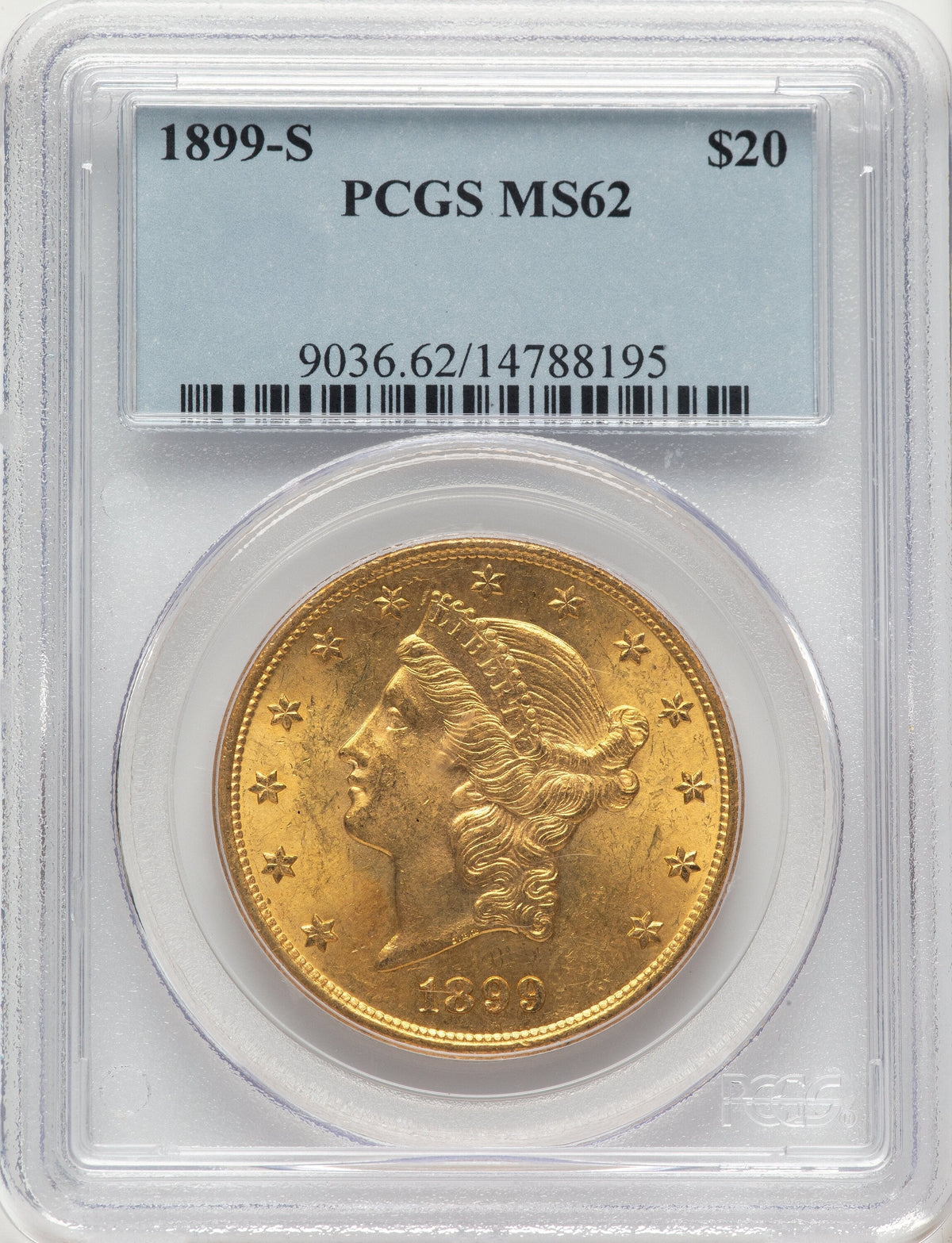 1899-S $20 Blue Label Liberty Double Eagle PCGS MS62
