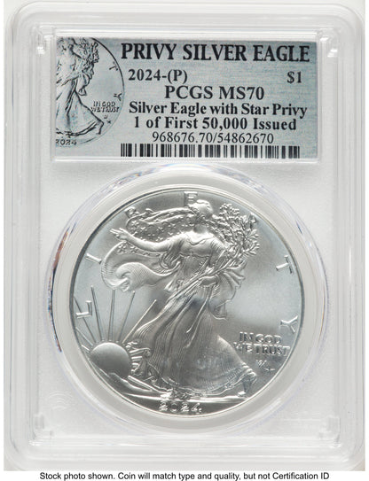 2024-(P) Silver Eagle (Privy Mark) First 50000 Privy Silver Eagle Label PCGS MS70