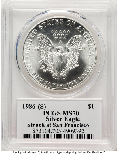 1986-(S) Silver Eagle John Bridge PCGS MS70 Mercanti