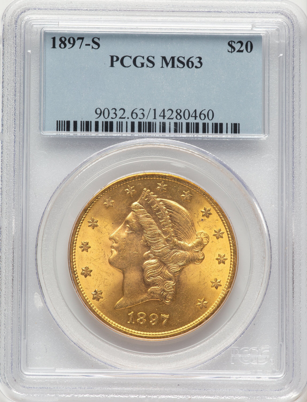 1897-S $20 Blue Label Liberty Double Eagle PCGS MS63