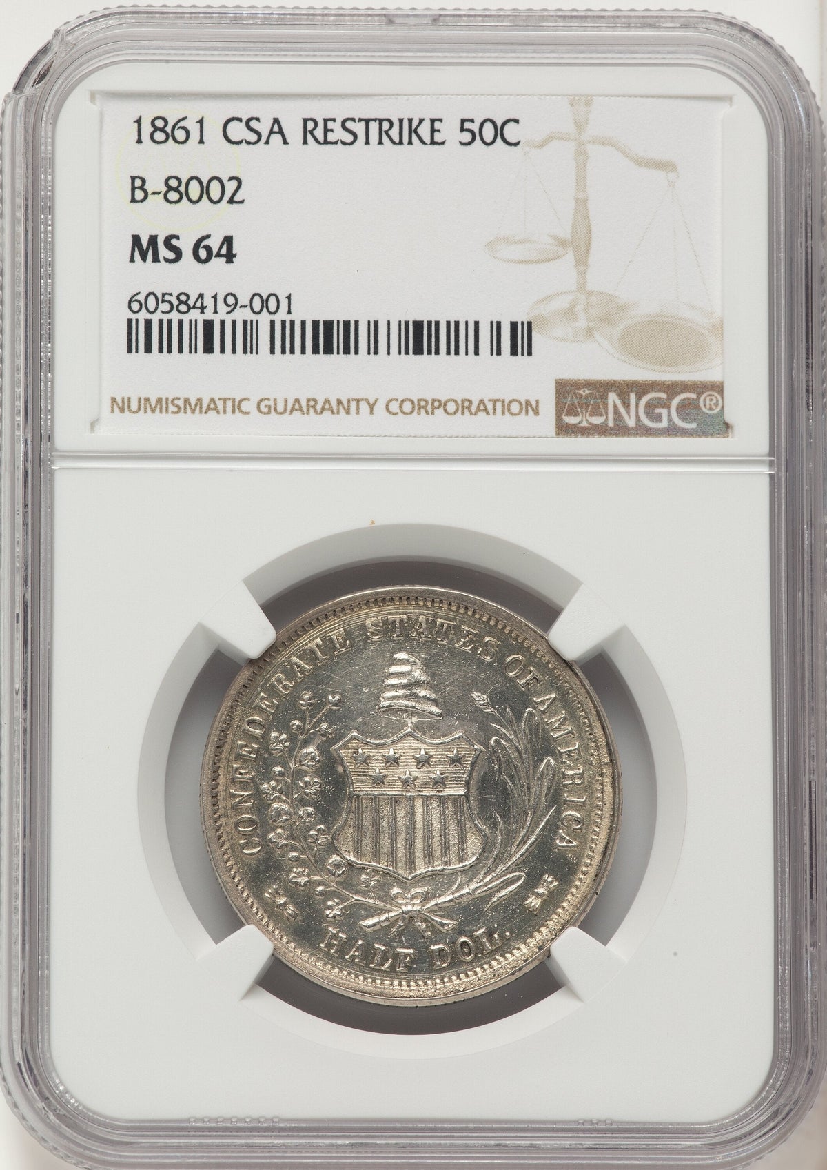 1861 50C Restrike Brown Label Confederate States of America NGC MS64