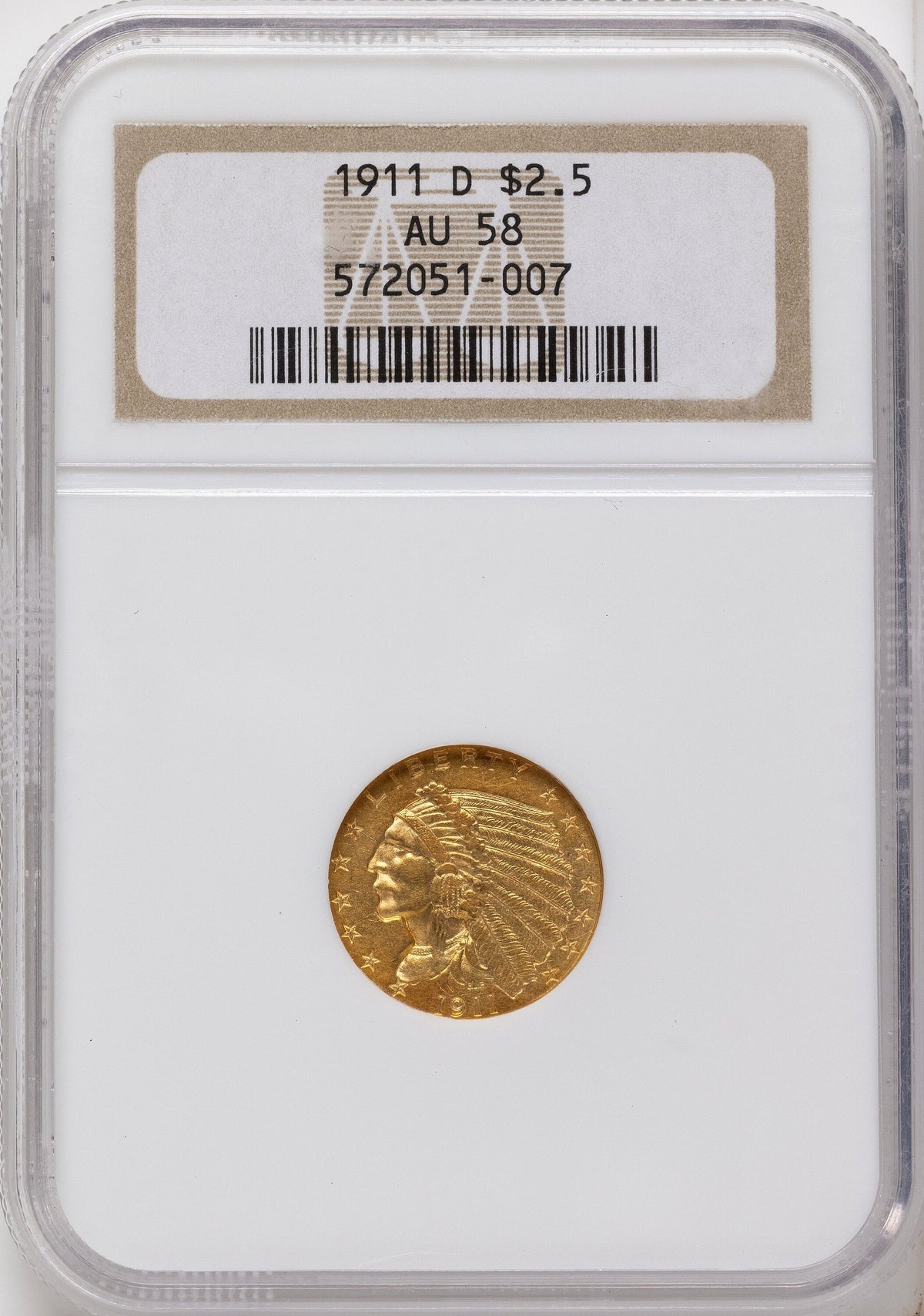 1911-D $2.50 Brown Label Indian Quarter Eagle NGC AU58