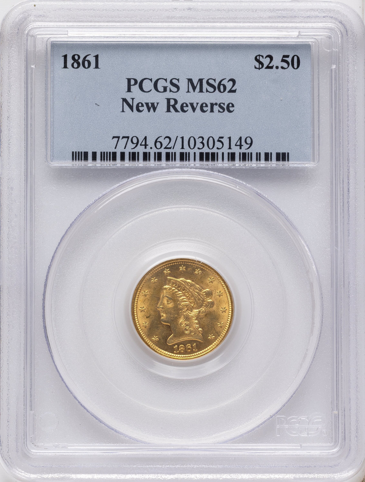 1861 $2.50 New Reverse Type 2 Liberty Quarter Eagle PCGS MS62