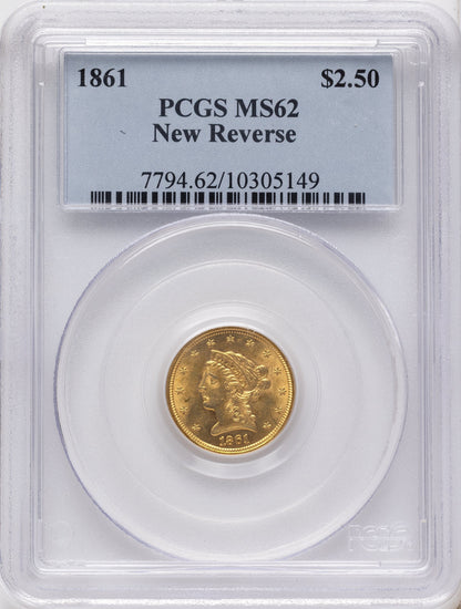 1861 $2.50 New Reverse Type 2 Liberty Quarter Eagle PCGS MS62