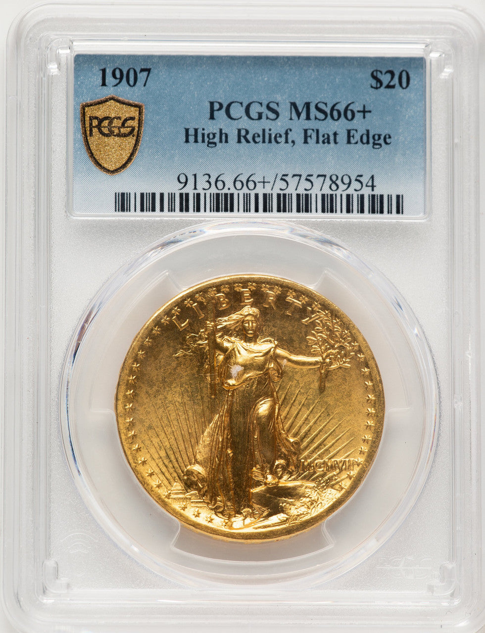 1907 $20 Flat Rim High Relief Double Eagle PCGS MS66+