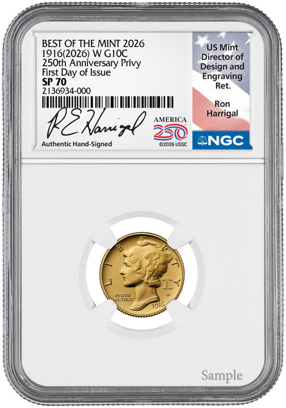 2026-W 1916 Mercury Gold Coin FDI NGC SP70 Harrigal Label